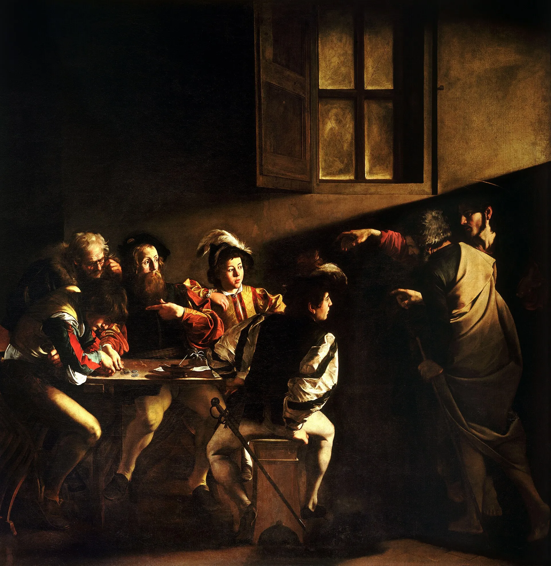 The Calling of Saint Matthew by Caravaggio (c. 1600) - Christ points at Matthew the tax collector mid-count, calling him up from a table of coins and ledgers
