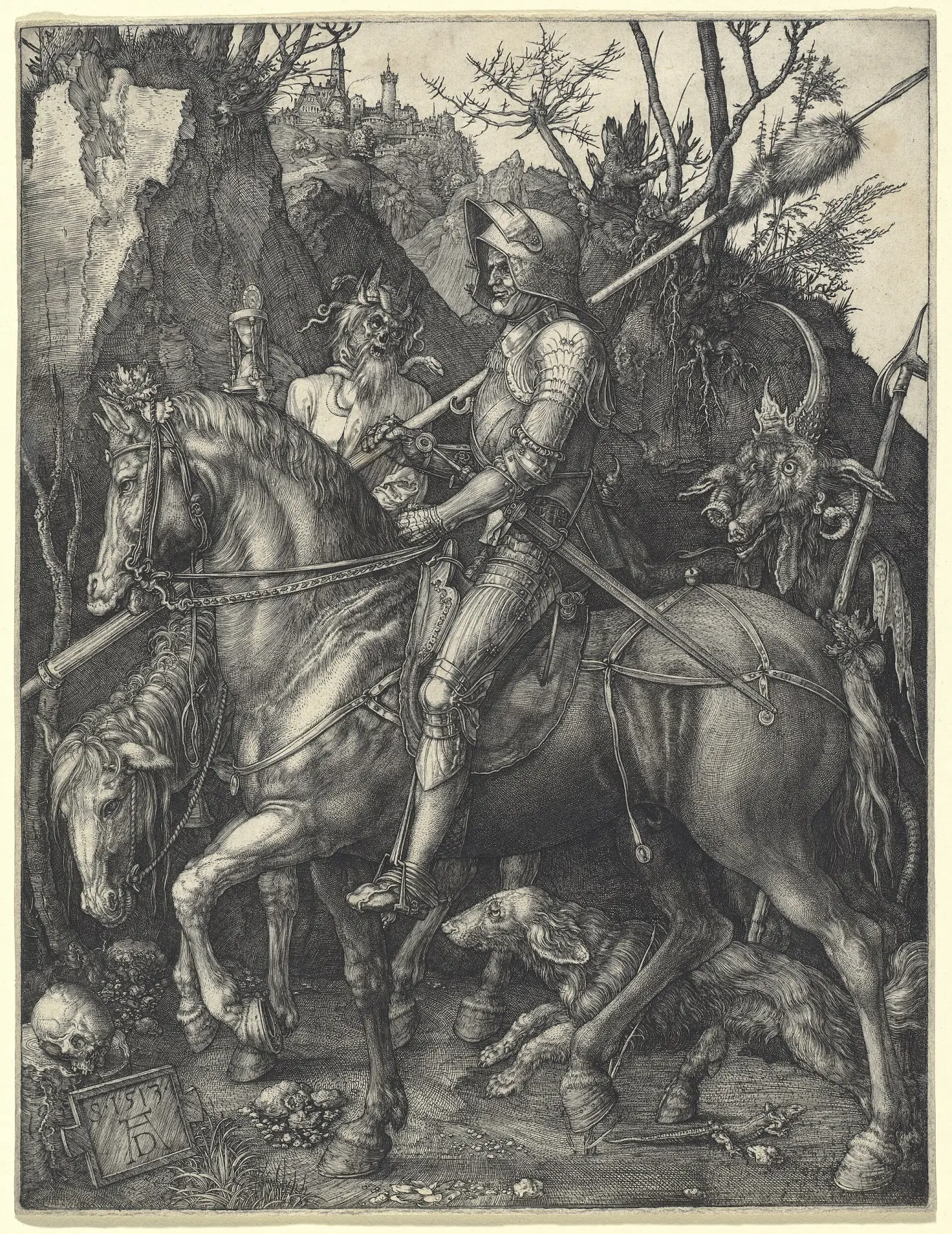 Knight, Death and the Devil by Albrecht Durer (1513) - An armored knight on horseback rides through a dark valley flanked by Death with an hourglass and a horned Devil, his dog at his heel, undeterred