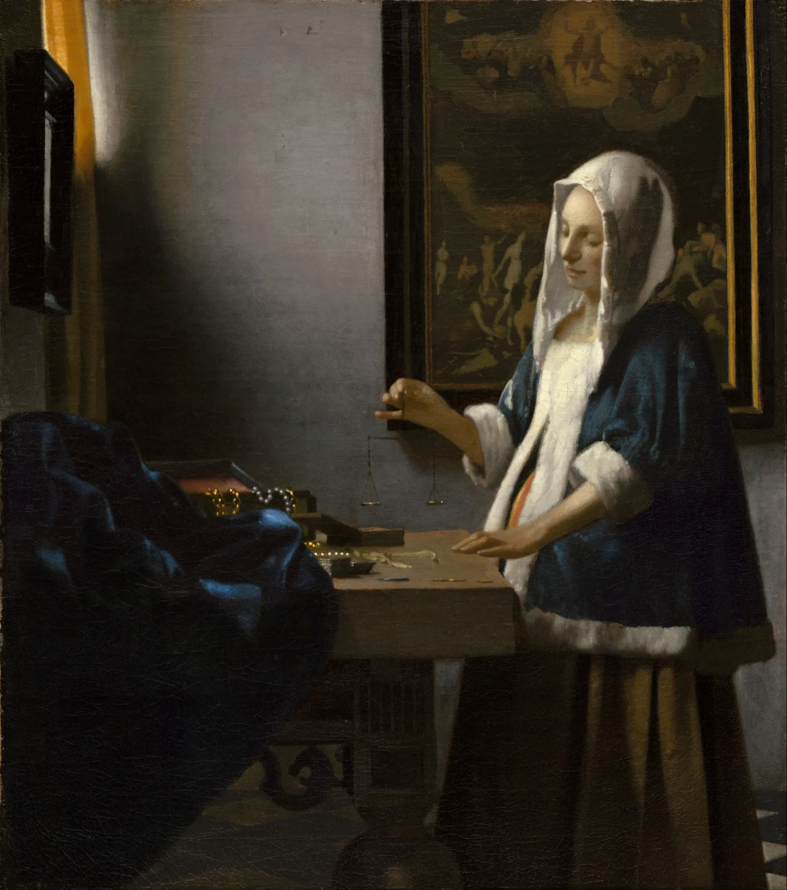 Woman Holding a Balance by Johannes Vermeer (c. 1664) - A woman weighs empty scales in soft light, the Last Judgment painted on the wall behind her