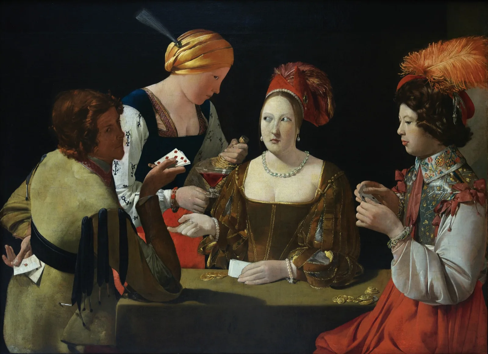 Le Tricheur a l'as de carreau by Georges de La Tour (c. 1635) - Three players around a candlelit table; the cheat on the left palms a hidden ace, the courtesan in the center cuts her eyes sideways to signal, the wealthy young dupe on the right studies his cards alone