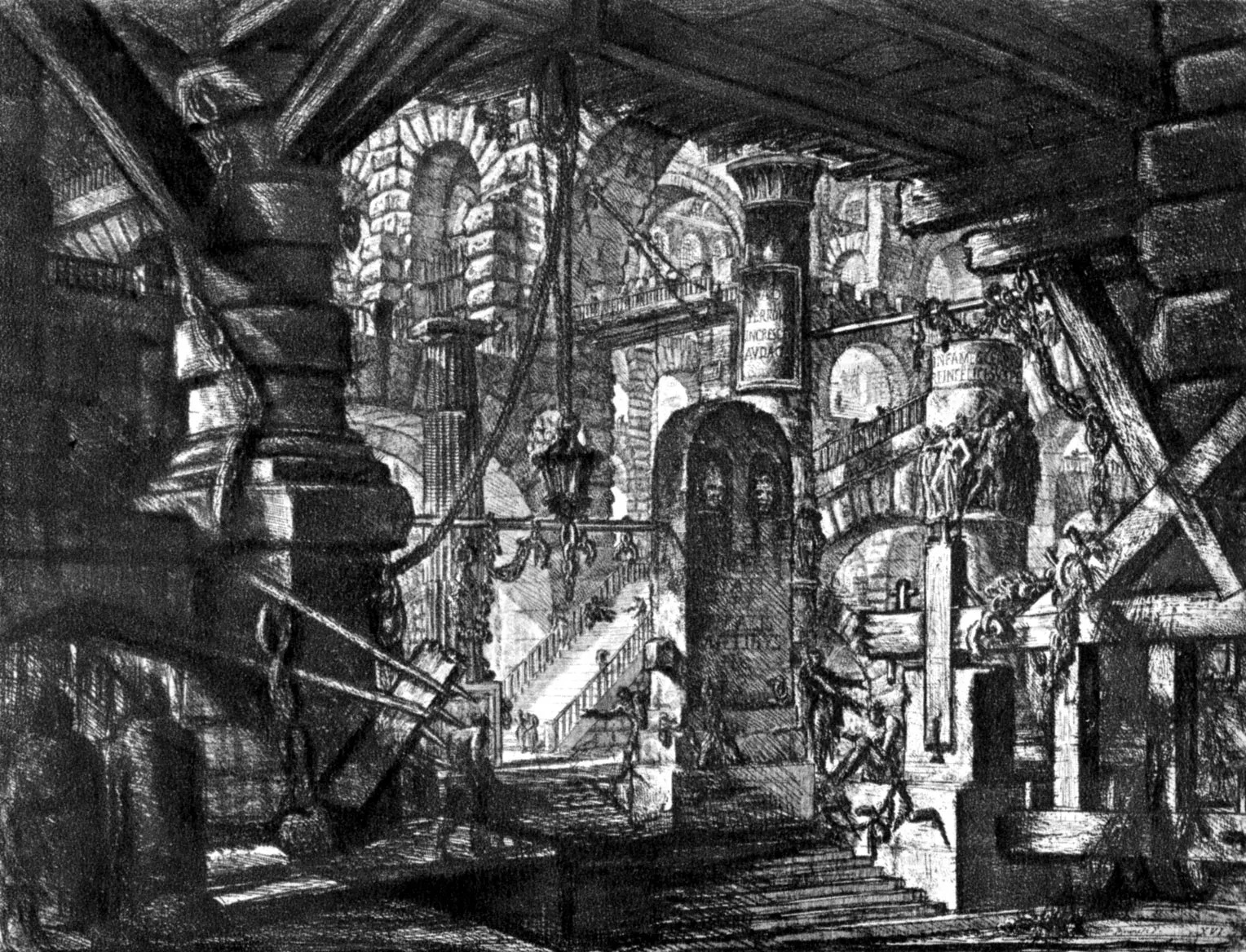 The Pier with Chains (Plate XVI) by Giovanni Battista Piranesi (1761) - Vast prison architecture where every figure is exposed and observable
