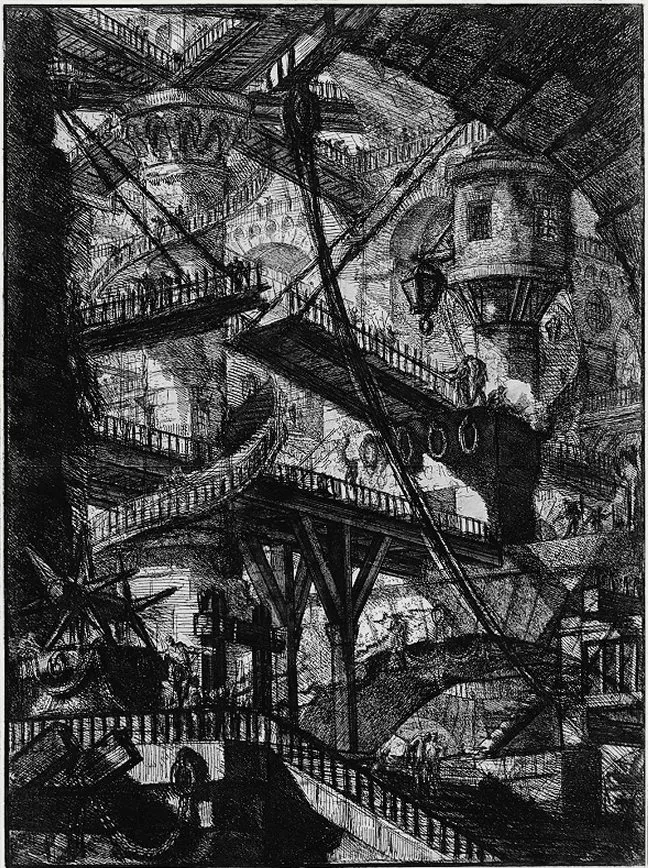 The Drawbridge (Plate VII) by Giovanni Battista Piranesi (1761) - Figures exposed on walkways in a vast imaginary prison, everything visible