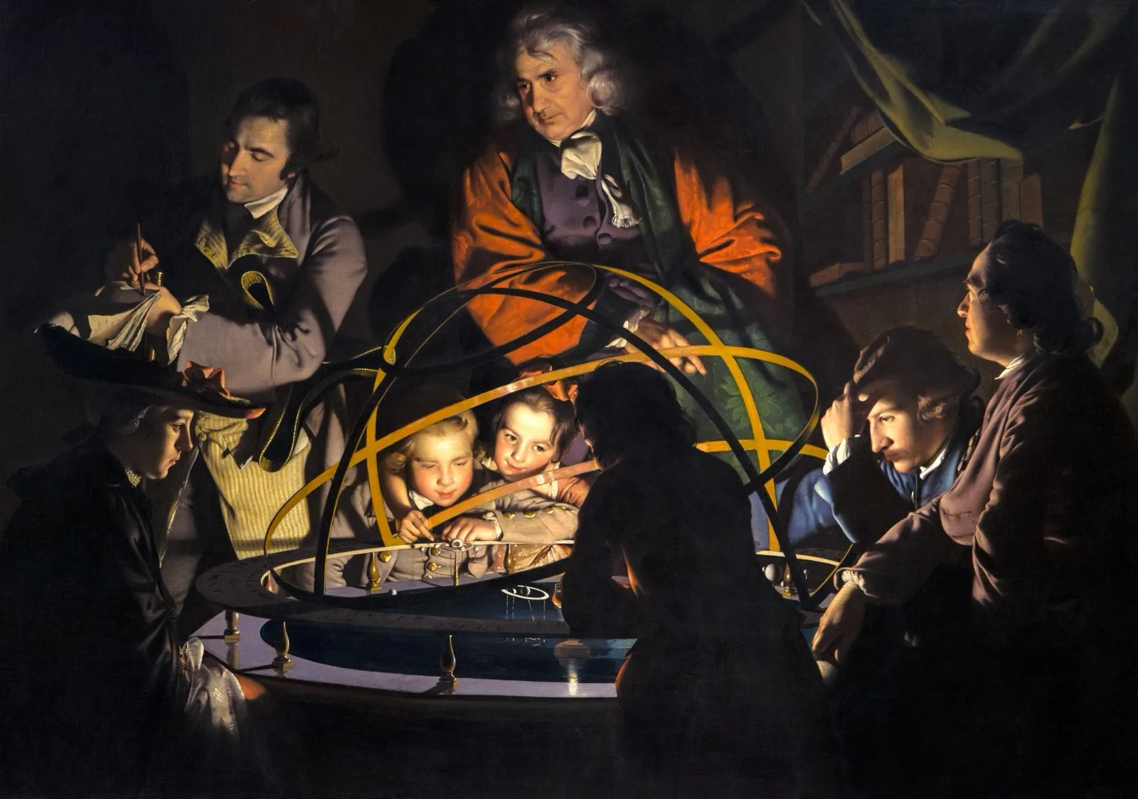 A Philosopher Lecturing on the Orrery by Joseph Wright of Derby (c. 1766) - A group gathered around a mechanical model of the solar system, faces lit by an unseen central lamp at its core
