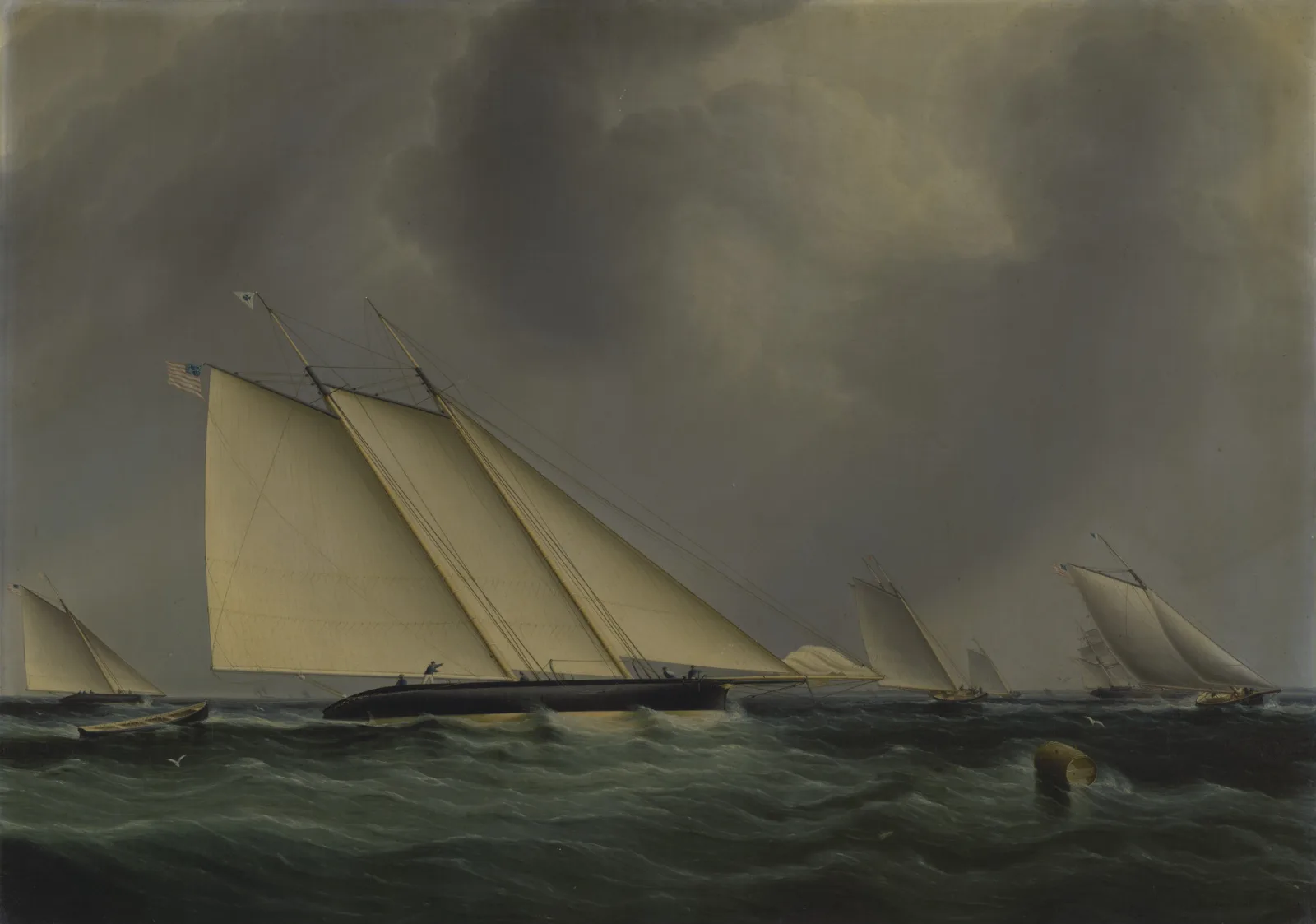Yacht Race by James E. Buttersworth - two 19th-century racing yachts heeled hard and driving close together through choppy water under full press of sail