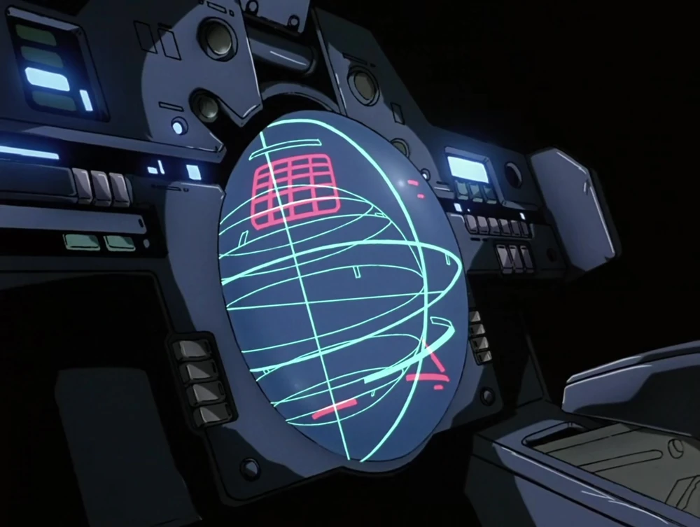 Wing Gundam Zero EW console panel: targeting display with structured sensor data, not raw output (Sunrise, 1997)