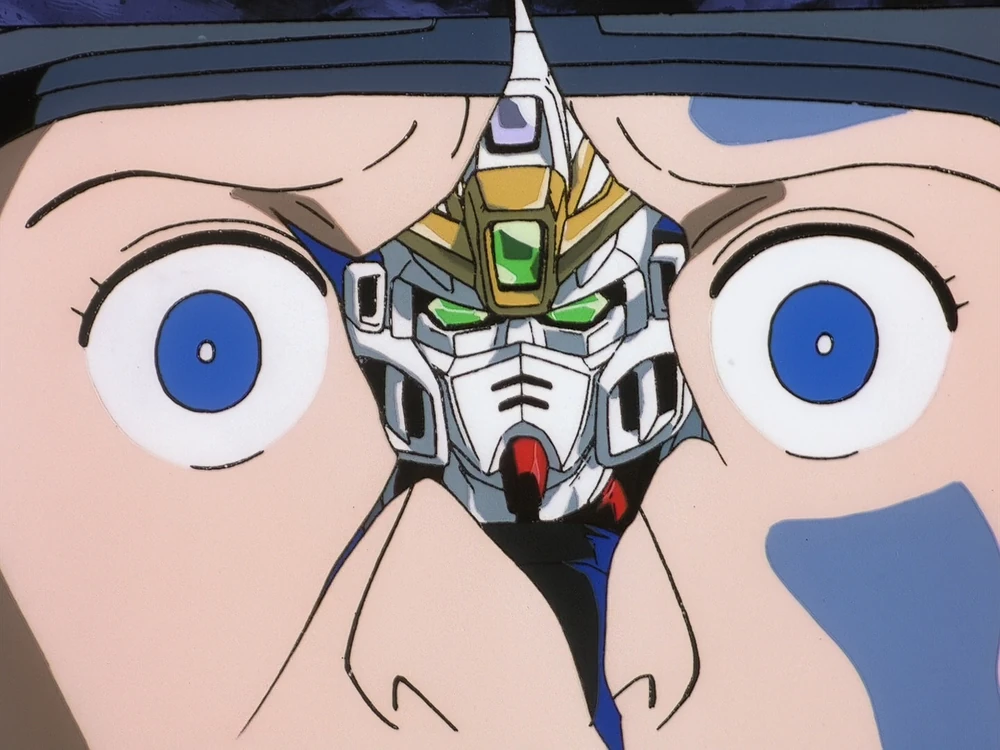 Wing Gundam Zero reflected in Corin Nander's eyes, the unforgettable image from Turn A Gundam (Sunrise, 1999)