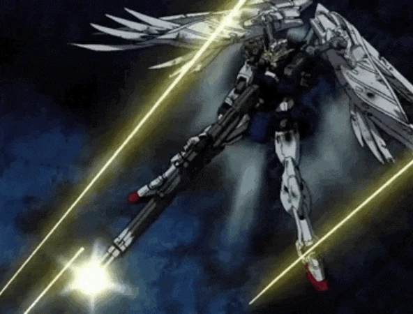 Wing Gundam Zero firing through the recoil of its Twin Buster Rifle, yellow beam streaks crossing the frame
