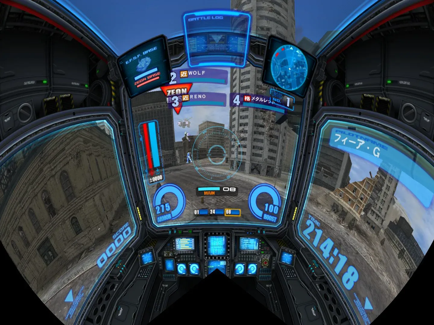 Gundam cockpit HUD with independent gauges for armor, boost, radar, ammo, and battle log. Each subsystem reports independently (Bandai Namco)
