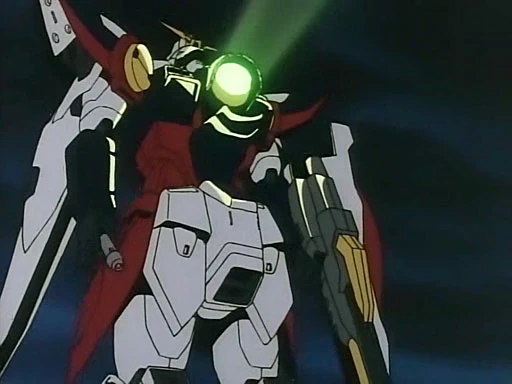 Wing Gundam Zero with the ZERO System engaged, glowing green sensor at the chest, weapon ready