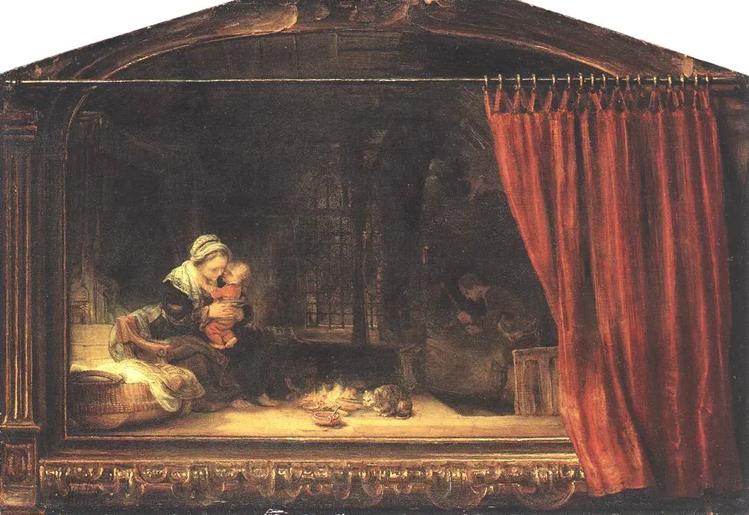 The Holy Family with a Curtain by Rembrandt (1646) - A trompe-l'oeil curtain half-drawn over a domestic scene, privacy as partial opacity