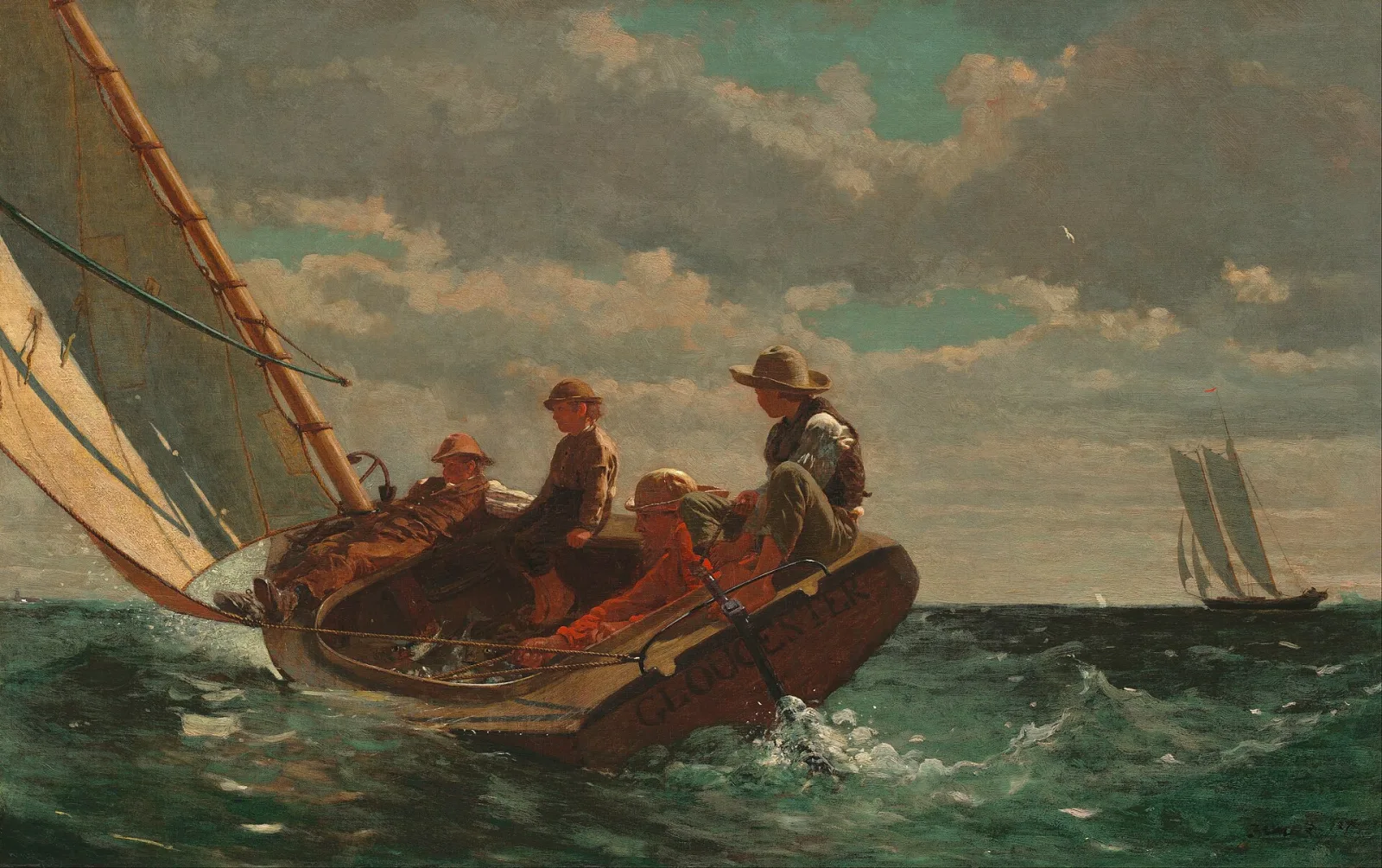 Breezing Up (A Fair Wind) by Winslow Homer (1876) - a catboat heeled over in a stiff breeze with a man and three boys aboard sailing fast, the top of the mast cropped out of the frame