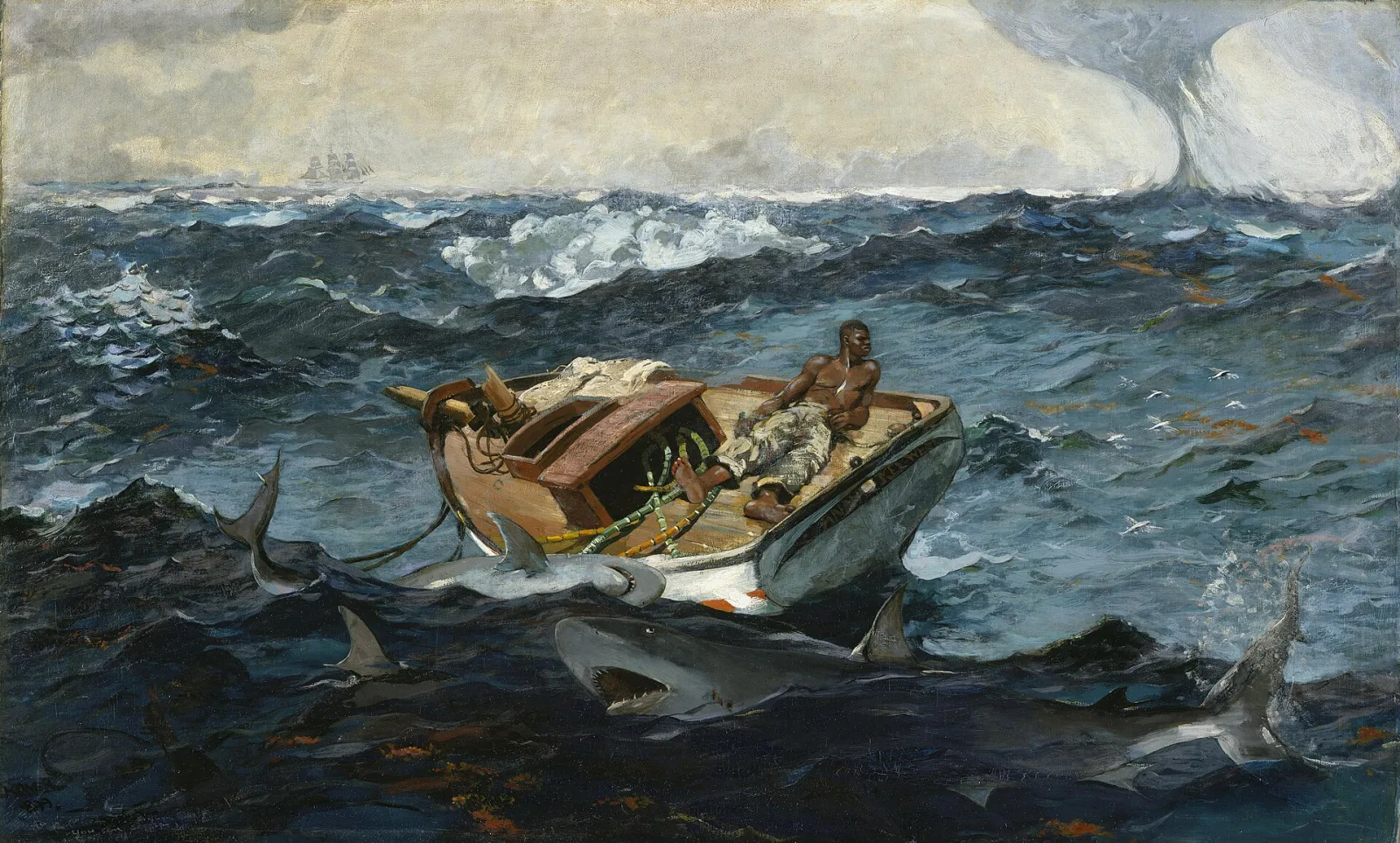The Gulf Stream by Winslow Homer (1906) - a man lies on the deck of a dismasted boat in heavy swell, sharks in the water around him, a distant ship on the horizon