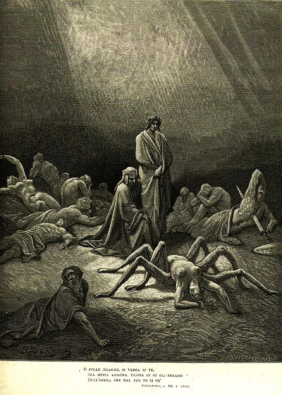 In the first circle of Purgatory, Dante and Virgil in front of Arachne, one of the figures representative of pride