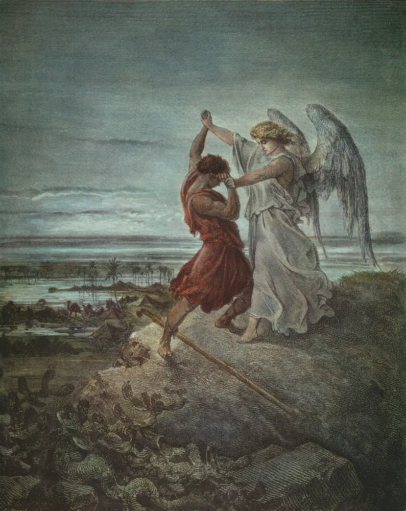 The Wrestle of Jacob by Gustave Doré (1855) - Jacob wrestling with the angel at dawn, representing the struggle that transforms